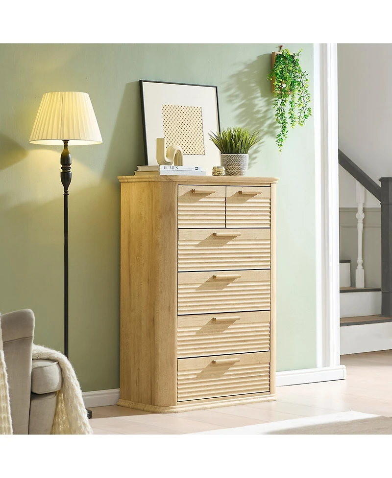 flynama Modern 6 Drawer Dresser 45 Tall with Curved Profile Wood Fluted Chest for Bedroom Living Room Entryway
