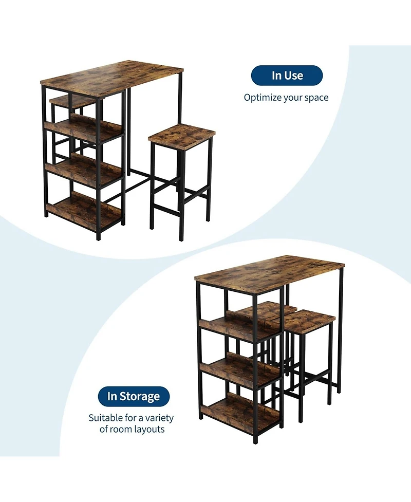 gaomon Counter Height Dining Table Set with Storage & 2 Bar Stools, 3-Piece Wooden Kitchen Table for Small Spaces