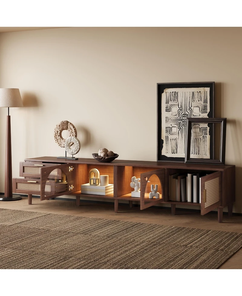 sumyeg 86" Cabinet Tv Stand with Led App Control and 2 Drawers Glass Door