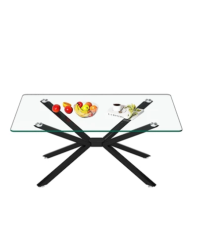 Rainsken Rectangular Clear Tempered Glass Coffee Table with Adjustable Feet and Metal Legs for Living Room