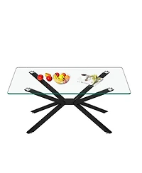 Rainsken Rectangular Clear Tempered Glass Coffee Table with Adjustable Feet and Metal Legs for Living Room