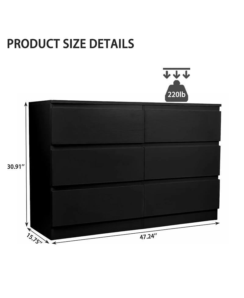 Rainsken 6 Drawer Dresser for Bedroom, Wood Storage Cabinet with Concealed Handles and Deep Drawers, Modern Chest of Drawers for Living Room
