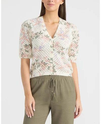 Ellen Tracy Women's Printed Flutter Sleeve Pointelle Sweater