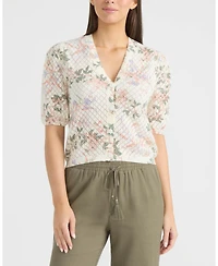 Ellen Tracy Women's Printed Flutter Sleeve Pointelle Sweater