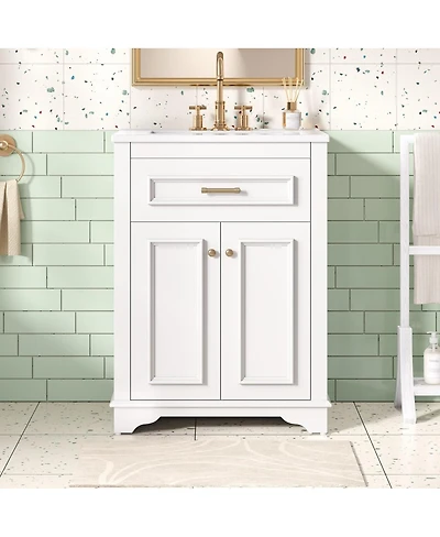 Sillysis 24" Bathroom Vanity with Ceramic Sink, Modern Freestanding Mdf Cabinet, Tip-Out Drawer Soft Close Door for Small Bathrooms