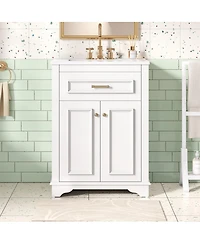 Sillysis 24" Bathroom Vanity with Ceramic Sink, Modern Freestanding Mdf Cabinet, Tip-Out Drawer Soft Close Door for Small Bathrooms