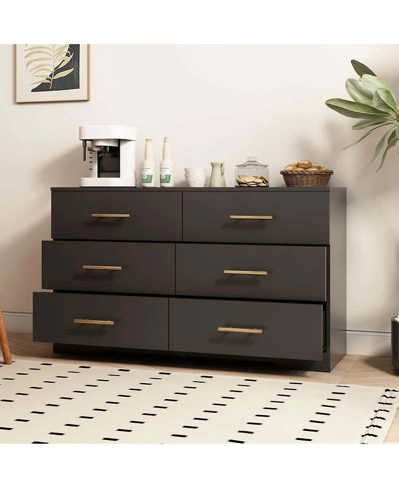 flynama Large 6 Drawers Chest Dresser Table with Golden Handles Modern Storage for Bedroom Living Room