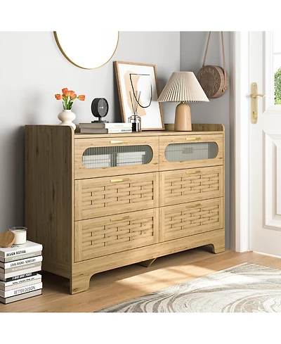 flynama Modern 6 Drawer Dresser Engineered Wood Cabinet Handle Free for Bedroom Living Room Closet