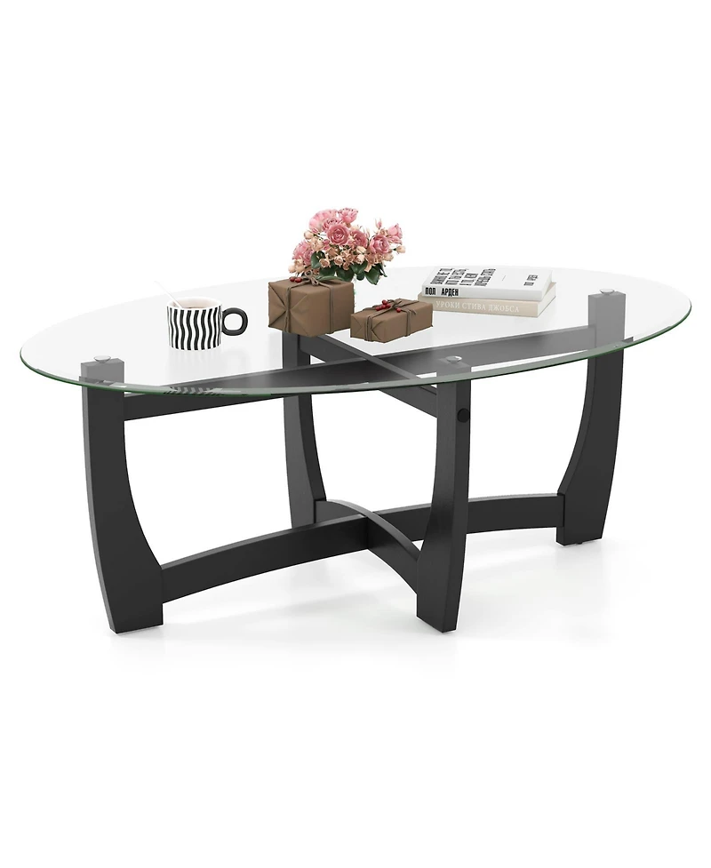 Sugift Oval Coffee Table with Tempered Glass Tabletop and Rubber Wood Legs