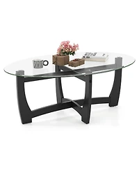 Sugift Oval Coffee Table with Tempered Glass Tabletop and Rubber Wood Legs