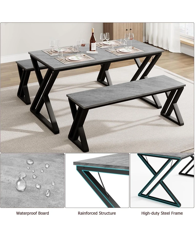 gaomon 3-Piece Rectangular Dining Table Set with X-Shaped Metal Frame and 2 Benches