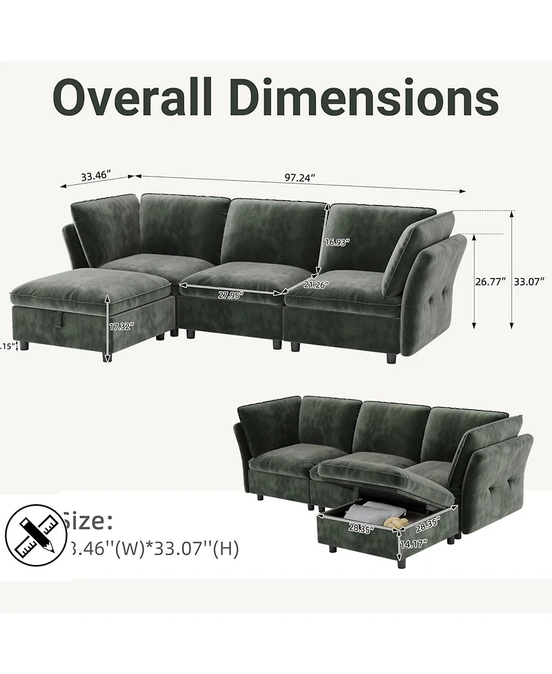 gaomon 97" L Shape Sectional Couches for Living Room, 3 Seater Sectional Sofa with Movable Ottoman and Pillows
