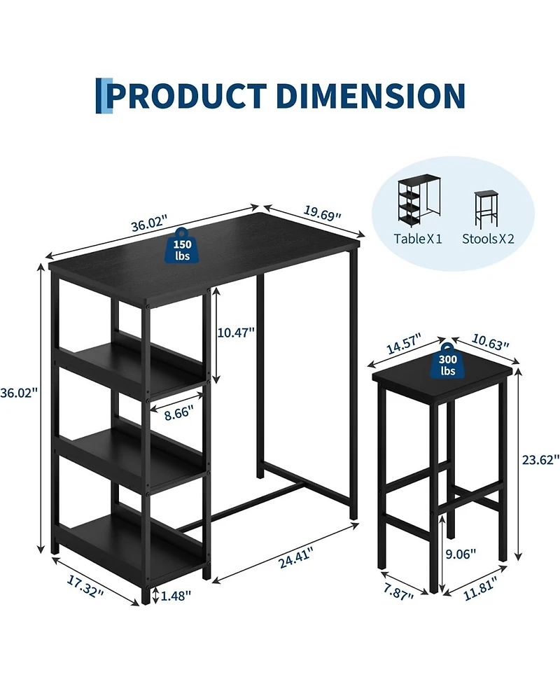 gaomon 3-Piece Kitchen Table Set with Storage Shelves & 2 Bar Stools, Iron & Wood, Dining Table for Small Spaces