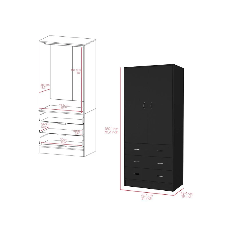 flynama Ramey Armoire Bedroom Storage Organizer with Hanging Rod Three Drawers and Stylish Hardware