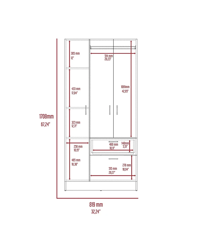 flynama 67.2inch Armoire with Double Door Cabinet One Drawer Five Shelves Metal Rod
