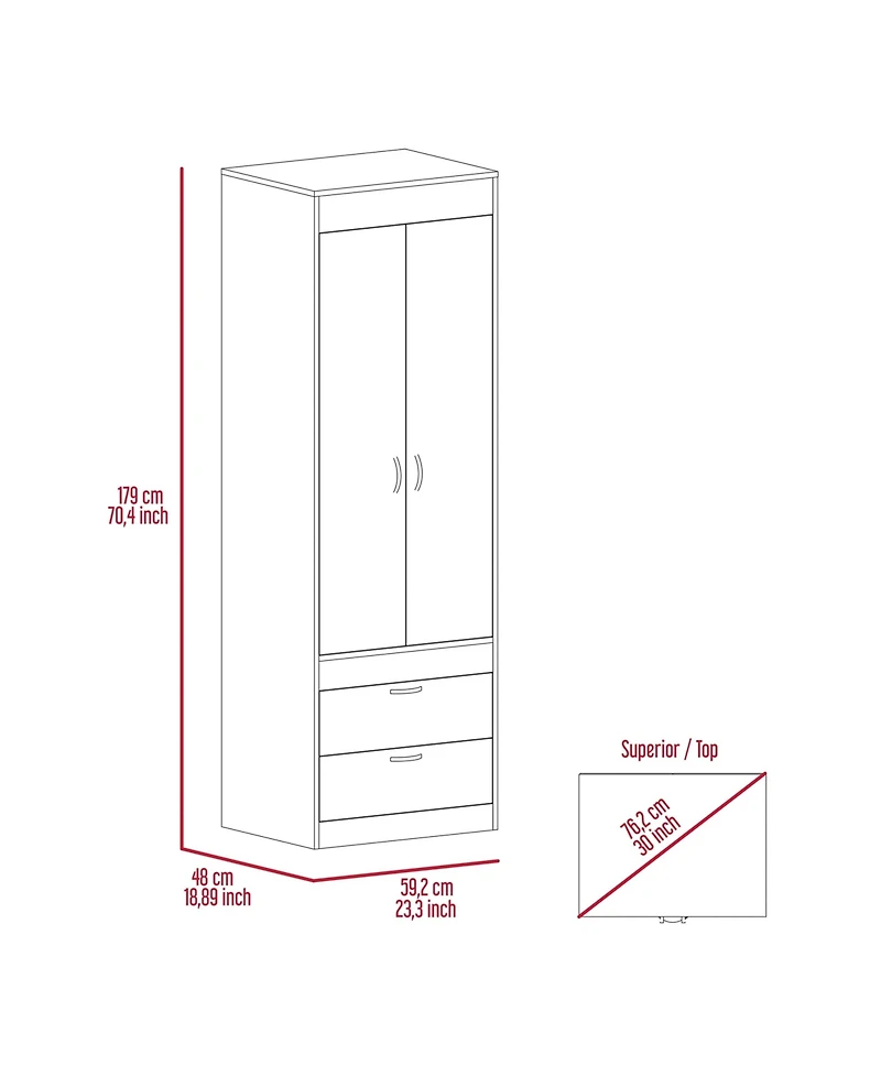 flynama Tarento Armoire with 2 Drawers Double Door Cabinet Hanging Rod Bedroom Storage