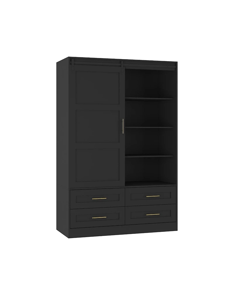 flynama Tall Bedroom Armoire Wardrobe Closet with Hanging Rod Barn Door Drawers and Open Shelves Clothing Storage Cabinet