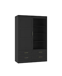 flynama Tall Bedroom Armoire Wardrobe Closet with Hanging Rod Barn Door Drawers and Open Shelves Clothing Storage Cabinet