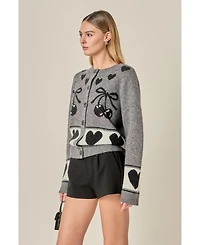 English Factory Women's Knit Cardigan with Cherry Heart Pattern