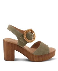 Spring Step Women's Gamona Ankle-Strap Heeled Sandal with Decorative Buckle - Cork Chunky High Heel