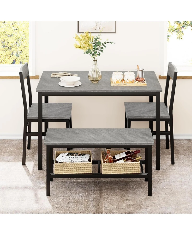 gaomon 4-Piece Modern Metal Frame Dining Table Set with Storage Rack, Chairs and Bench