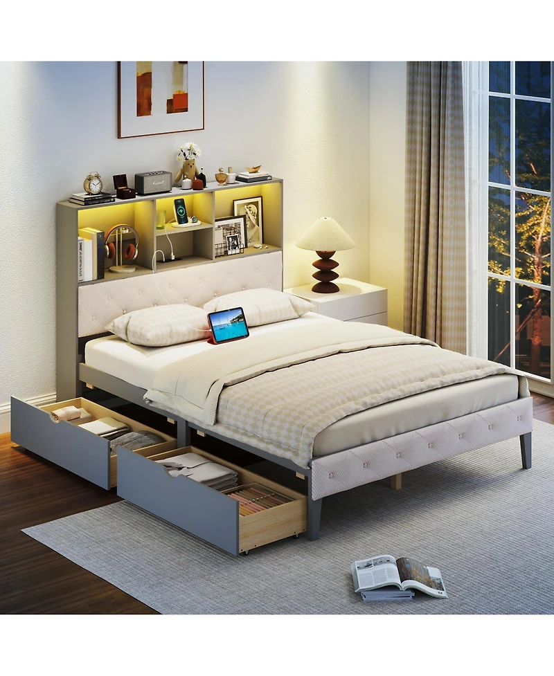 Slickblue Full Bed Frame with Storage Headboard and Led Lighting