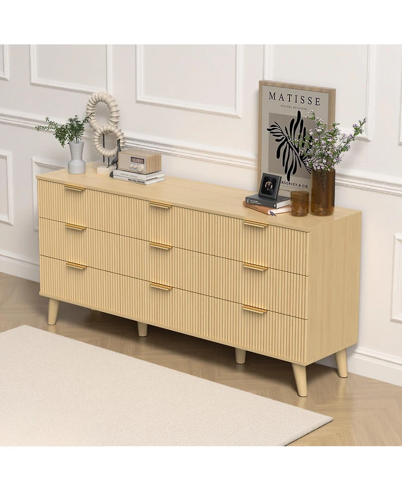 flynama 9 Drawer Fluted Wooden Dresser 63W 15.7D 29.5H for Bedroom Nursery Entrance with Wave Pattern