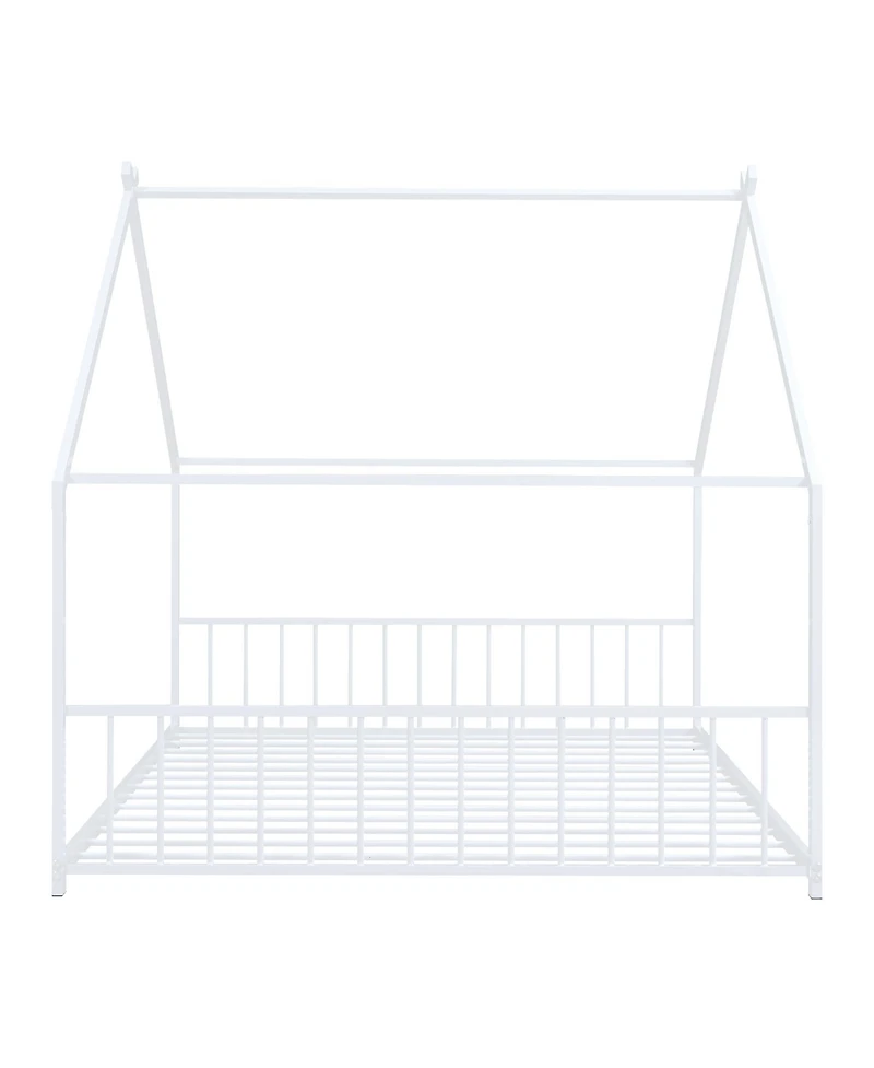 flynama White Metal House Bed with Roof Design Semi Enclosed Space and Integrated Slat Support