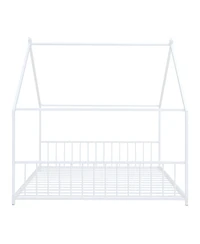 flynama White Metal House Bed with Roof Design Semi Enclosed Space and Integrated Slat Support