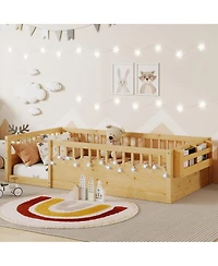 flynama Montessori Wood Floor Bed With Led Light Storage Shelf High Rails