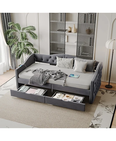 flynama Upholstered Daybed With 2 Storage Drawers Usb Ports Grey No Box Spring Needed
