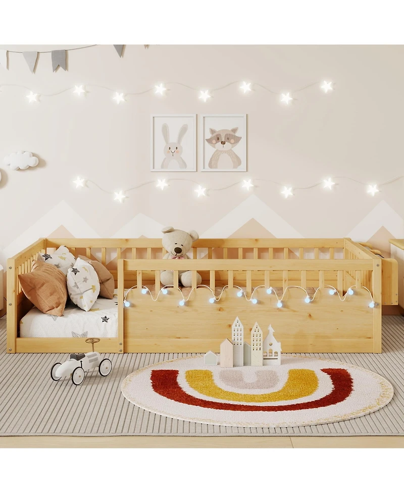flynama Montessori Wood Floor Bed With Led Light Storage Shelf High Rails