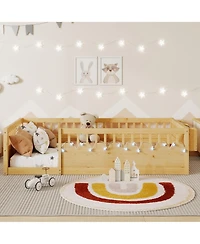 flynama Montessori Wood Floor Bed With Led Light Storage Shelf High Rails