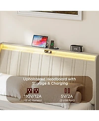 flynama Platform Bed Fabric Upholstered Headboard Wood Slats Usb Charging