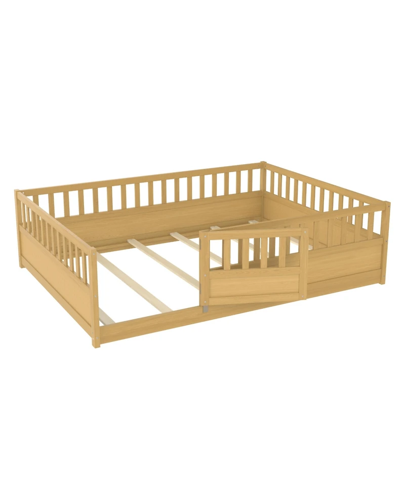 flynama Montessori Floor Bed With Support Slat High Barrier Door Natural Wood For Kids