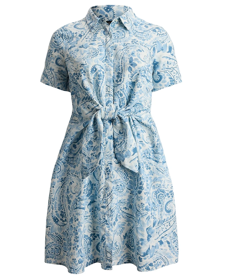 Lauren Ralph Plus Paisley Tie-Front Linen Shirtdress