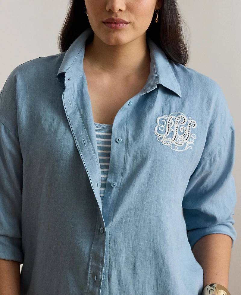 Lauren Ralph Plus Relaxed-Fit Eyelet-Logo Shirt