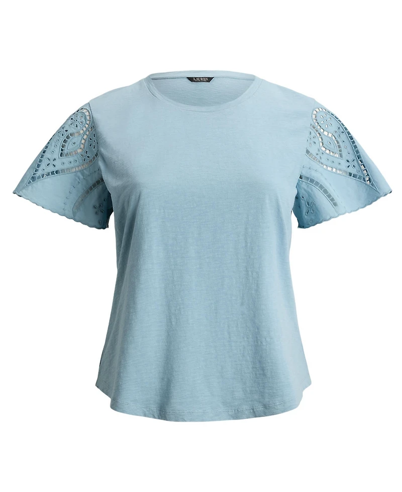 Lauren Ralph Plus Eyelet Jersey & Broadcloth Top