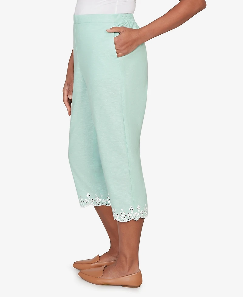 Alfred Dunner Women's Caribbean Blues Eyelet Embroidered Cuff Capri Pants