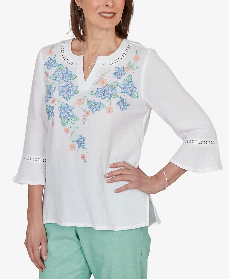 Alfred Dunner Women's Caribbean Blues Tropical Floral Split Neck Embroidered Top