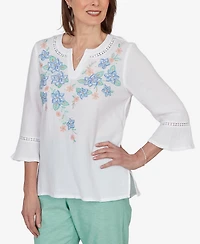 Alfred Dunner Women's Caribbean Blues Tropical Floral Split Neck Embroidered Top