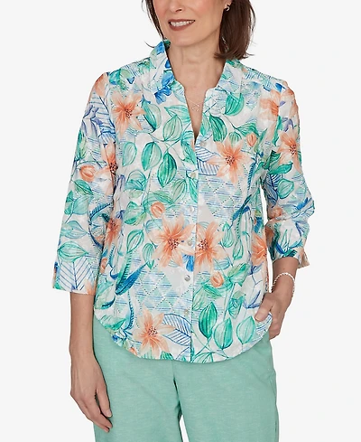 Alfred Dunner Women's Caribbean Blues Tropical Flower Eyelet Tie Sleeve Top
