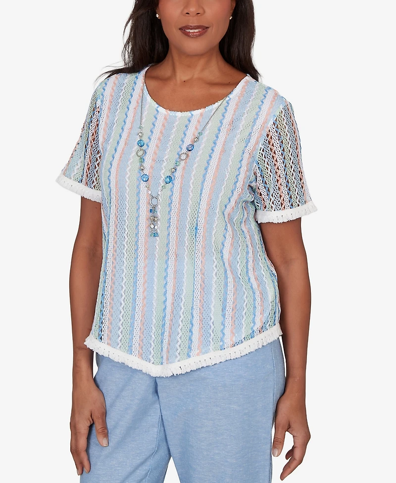 Alfred Dunner Women's Caribbean Blues Textured Stripe T-Shirt with Necklace