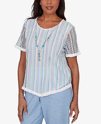 Alfred Dunner Women's Caribbean Blues Textured Stripe T-Shirt with Necklace