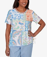 Alfred Dunner Women's Caribbean Blues Patchwork Scroll Side Tie Ruched T-Shirt