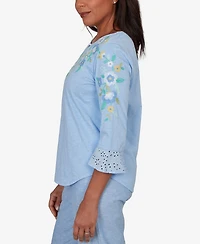 Alfred Dunner Petite Caribbean Blues Floral Embroidered Split Neck Top