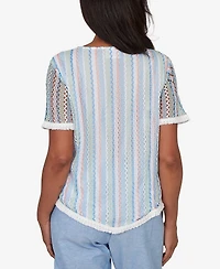 Alfred Dunner Petite Caribbean Blues Textured Stripe T-Shirt with Necklace