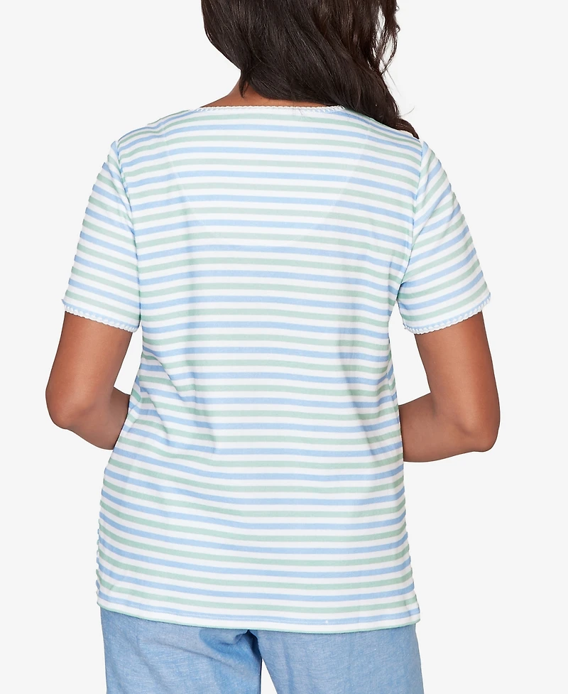 Alfred Dunner Petite Caribbean Blues Highlight Flower Striped T-shirt