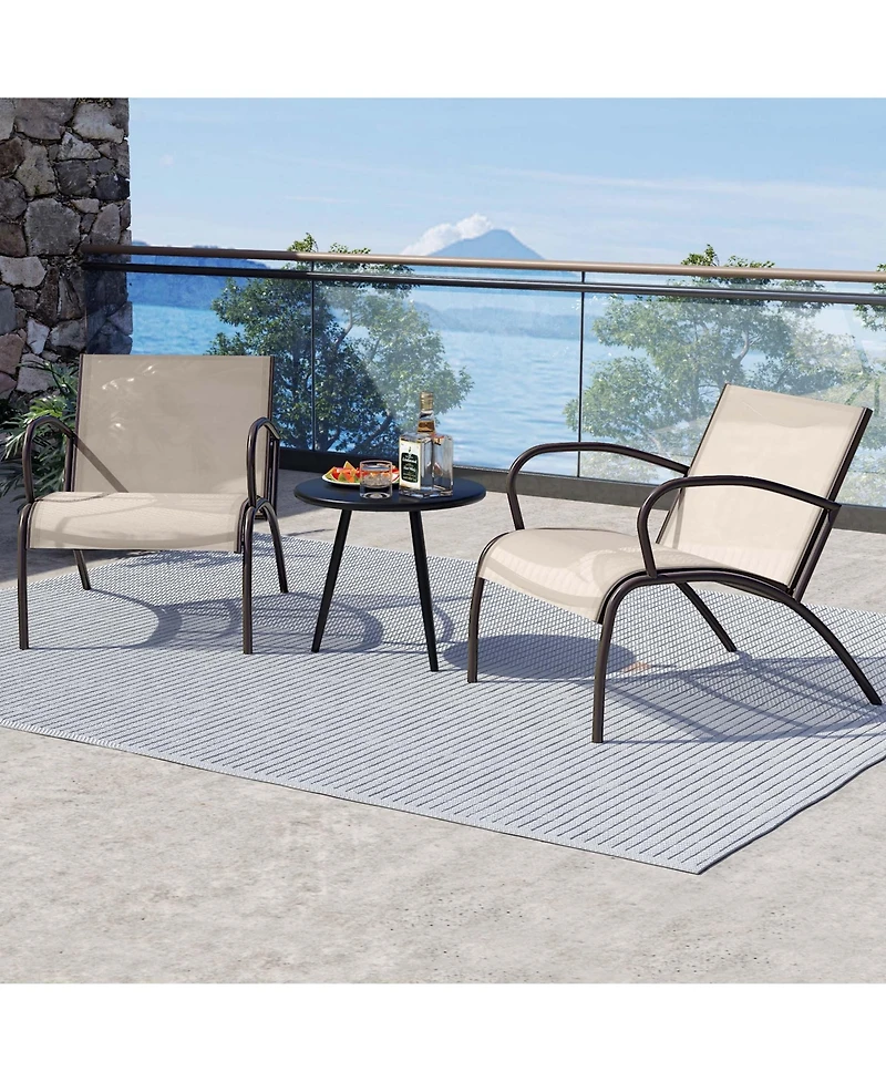 Gymax 3 Piece Patio Chair Set Curved Fabric Seat Round Coffee Table for Backyard