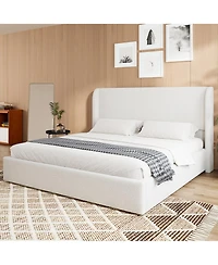 flynama Boucle Cloud Bed Frame Upholstered Headboard Solid Wood Slats No Box Spring